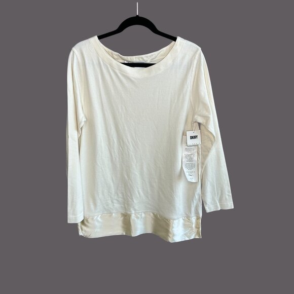 DKNY Classic Vintage Ivory Round Neck Long Sleeve Top Silk Trim Size M NWT - Picture 1 of 7